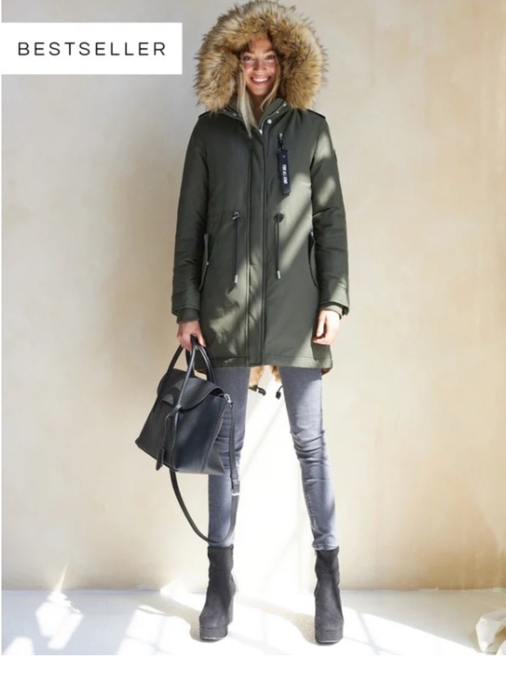 Women's Olive Green Parka Coat with Faux Fur Hood